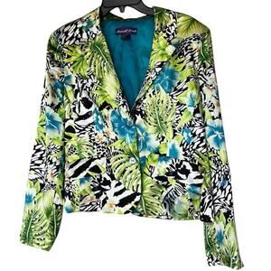 RUSSELL KEMP silk tropical green animal jungle print blazer VTG plus sz 14